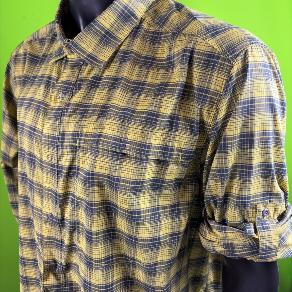 Swiss Tech Hiking Roll Tab Snap Shirt Mens 2X Outdoor Woven Stretch Yellow Plaid